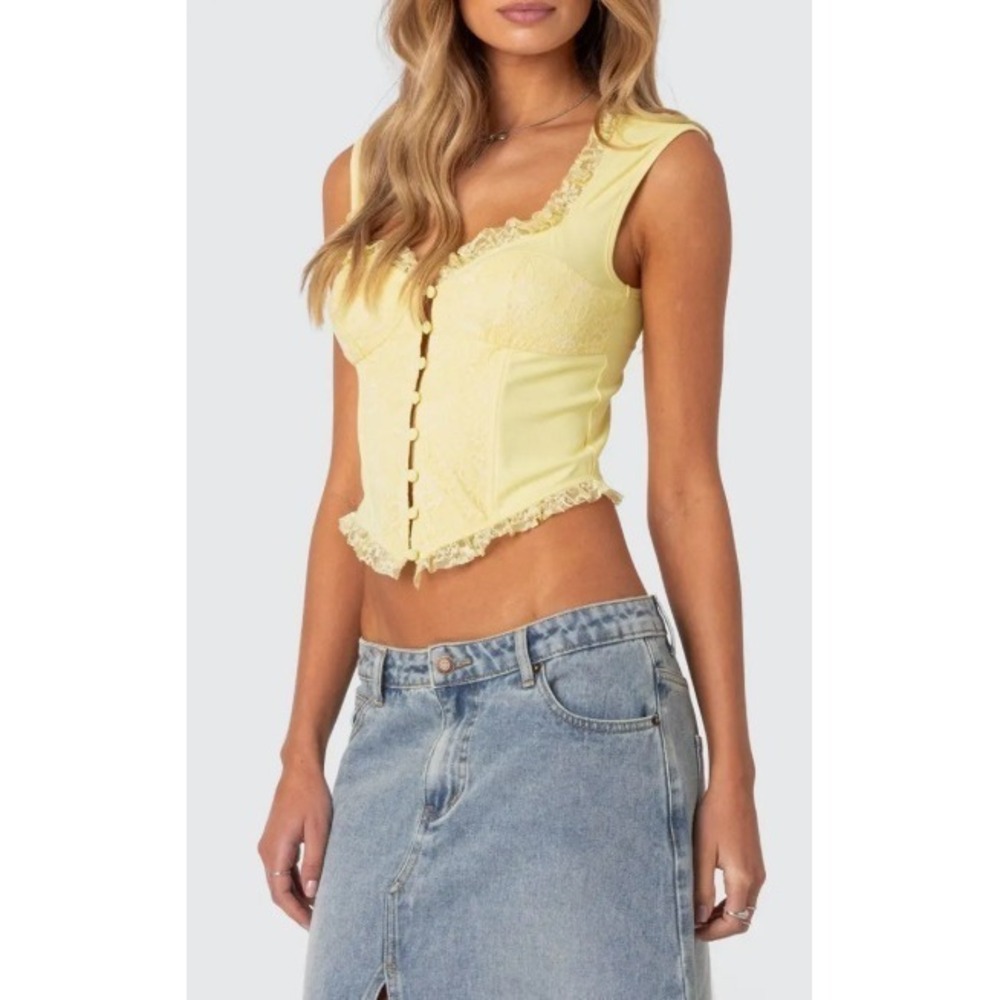 Edikted | Yellow Lace Trim Bustier Corset Crop Top Sleeveless Button Front | M